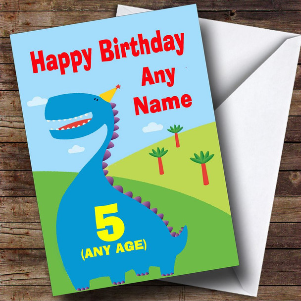 Cute Friendly Blue Dinosaur Customised Birthday Card