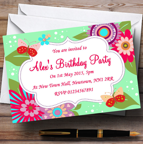 Flowers Butterflies Pretty Customised Birthday Party Invitations