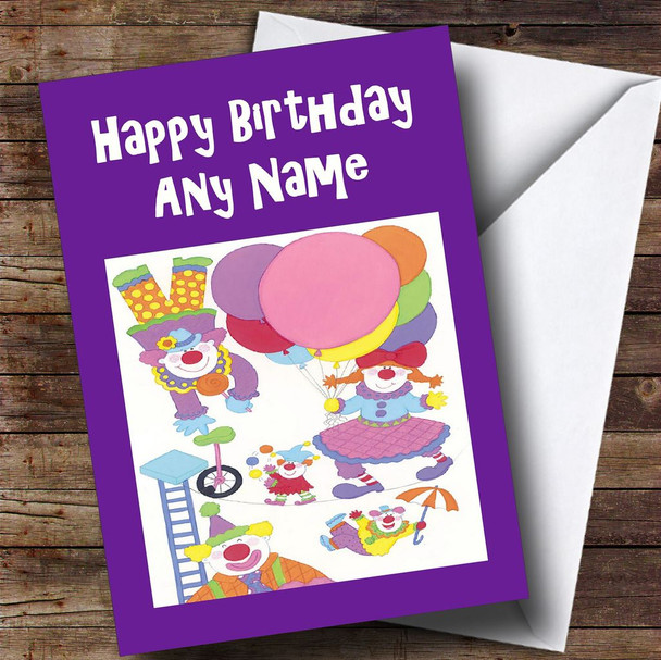 Purple Funny Clowns Customised Children's Birthday Card