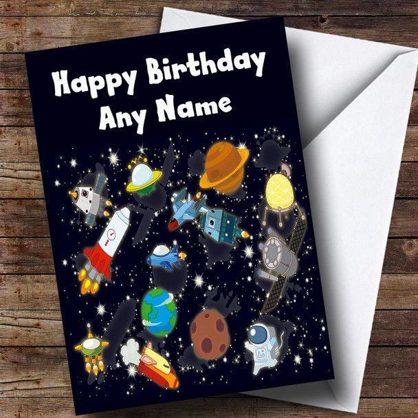 Outer Space Rockets Planets Spaceman Customised Children's Birthday Card