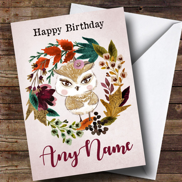 Owl Autumn Wreath Customised Birthday Card