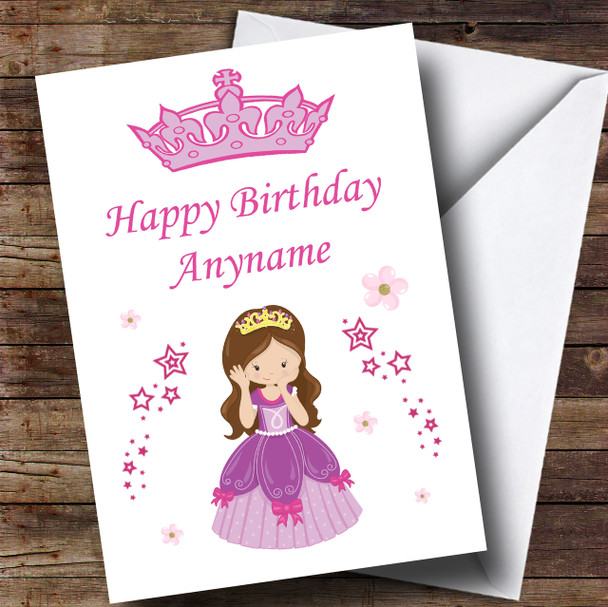 Brown Hair Princess Flowers Stars Children's Birthday Customised Card