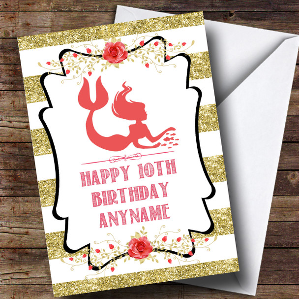 Gold Stripes Pink Girls Mermaid Children's Birthday Customised Card