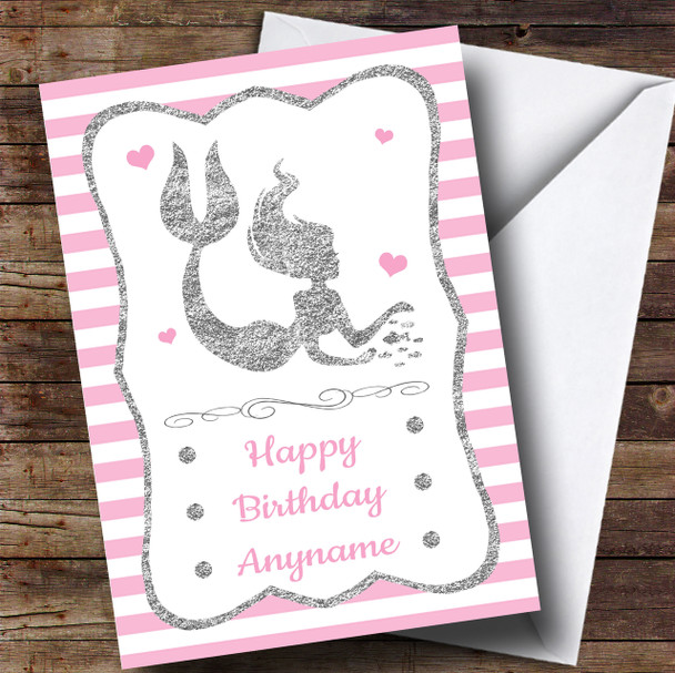 Pink Stripes Silver Mermaid Children's Birthday Customised Card