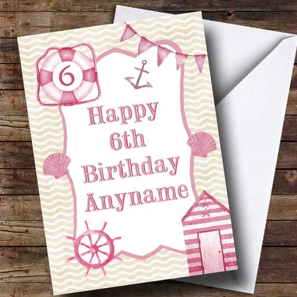 Nautical Beach Pink Girls Children's Birthday Customised Card