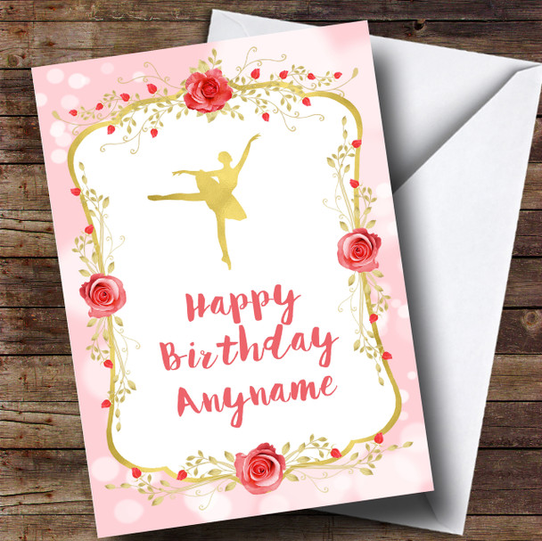 Pink Gold Roses Ballerina Children's Birthday Customised Card