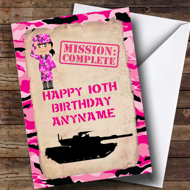 Girl Pink Camo Army Children's Birthday Customised Card