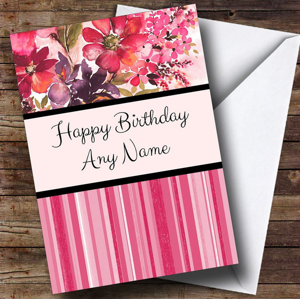 Stripe & Hot Pink Watercolour Floral Customised Birthday Card