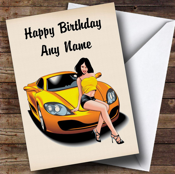 Sports Car And Sexy Lady Yellow Customised Birthday Card