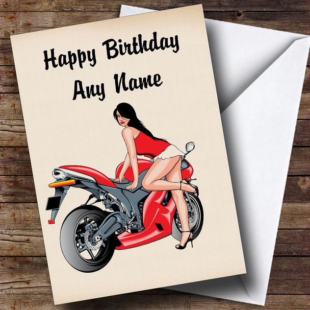 Motorbike And Sexy Lady Red Customised Birthday Card
