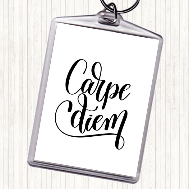 White Black Carpe Diem Swirl Quote Keyring