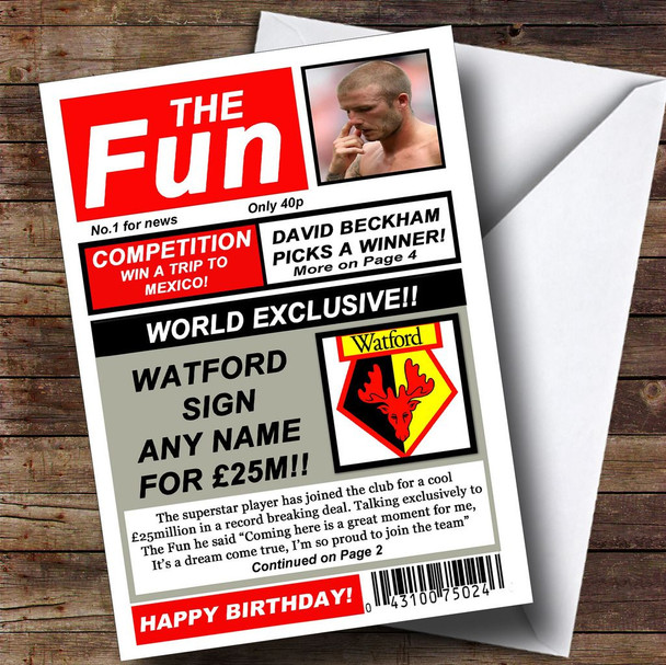 Watford Football Fan Funny Newspaper Customised Birthday Card