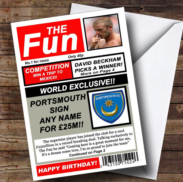 Portsmouth Football Fan Funny Newspaper Customised Birthday Card