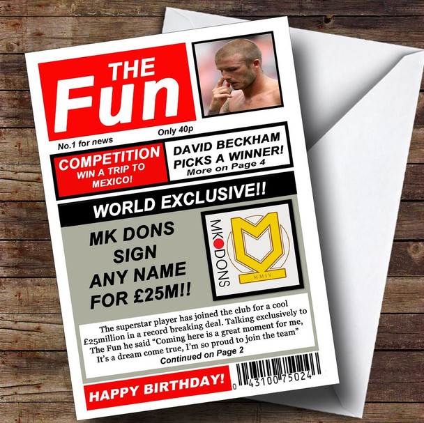 Mk Dons Football Fan Funny Newspaper Customised Birthday Card
