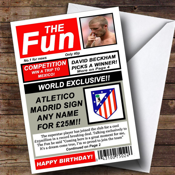 Atletico Madrid Football Fan Funny Newspaper Customised Birthday Card