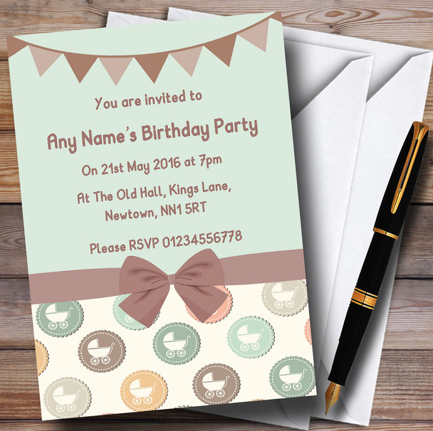 Green Prams And Bunting Children's Kids Party Customised Invitations