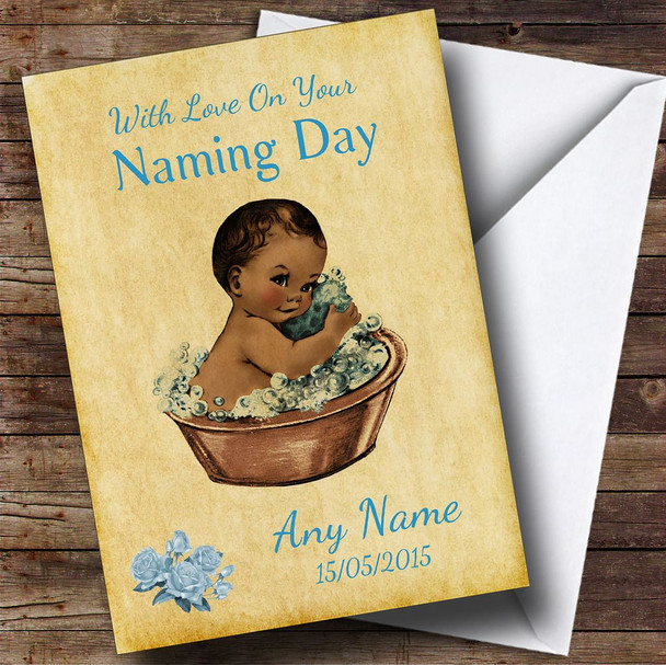 Pretty Vintage Black Baby Boy Customised Naming Day Card