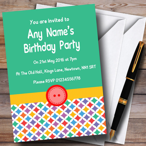 Rainbow Colours Button Children's Kids Party Customised Invitations