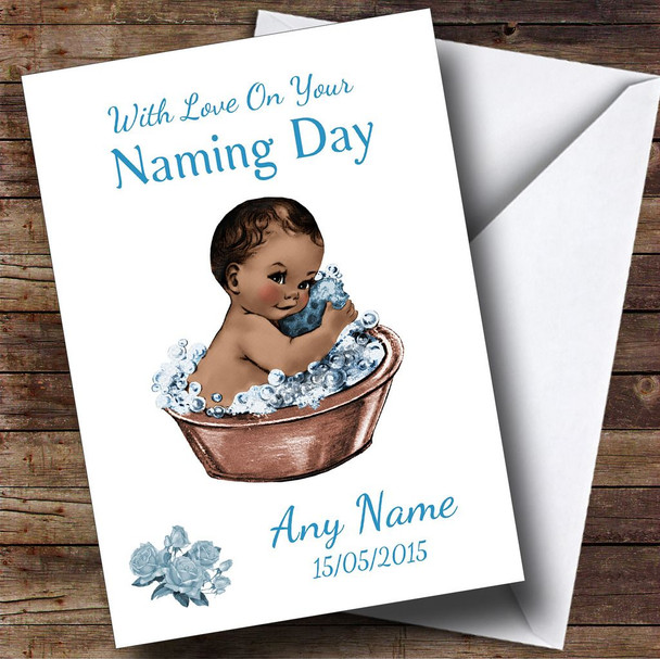 Cute Vintage Black Baby Boy Customised Naming Day Card