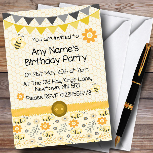 Yellow And Black Cute Bumble Bee Honeycomb Children's Kids Party Customised Invitations