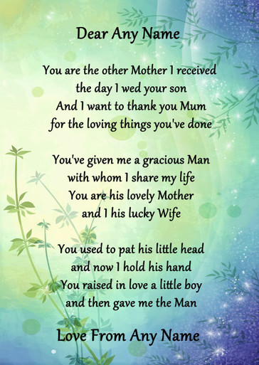 Green & Blue My Husbands Mum Personalised Poem Certificate - Party ...