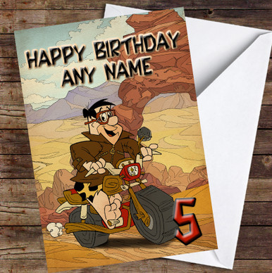 Fred Flintstone Cartoon Motorbike Desert Personalised Birthday Card ...