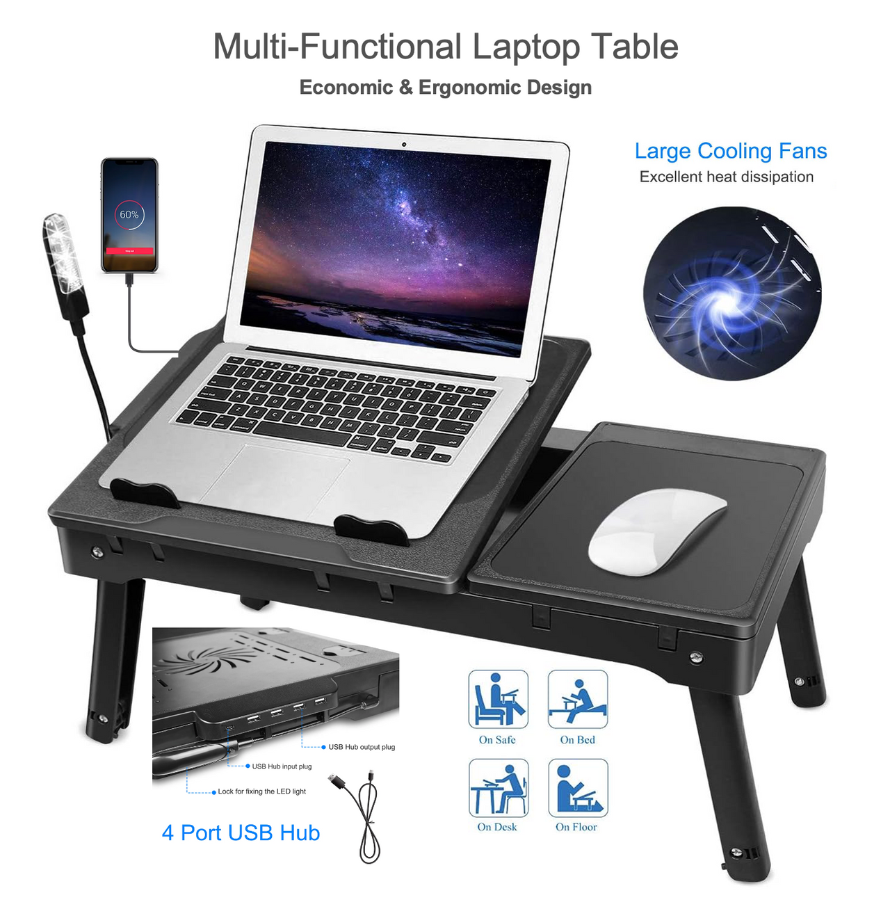 Foldable Laptop Table Bed Notebook Desk with Cooling Fan Mouse Board LED light 4 xUSB Ports Breakfast Snacking Tray