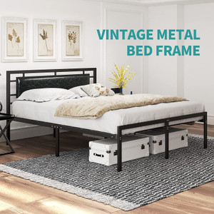 mecor Queen Bed Frame with Black Faux Leather Headboard, Vintage Metal Platform Mattress Foundation, Strong Metal Slats Support, No Box Spring Needed - Black / Queen--YS mecor Queen Bed Frame with Black Faux Leather Headboard, Vintage Metal Platform Mattress Foundation, Strong Metal Slats Support, No Box Spring Needed - Black / Queen--YS