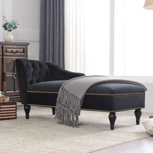58" Velvet Chaise Lounge; Button Tufted Right Arm Facing Lounge Chair with Nailhead Trim & Solid Wood Legs for Living Room or Office;  Sleeper Lounge Sofa (Black)