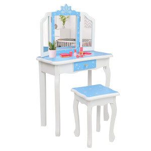 Children's Wooden Dressing Table Three-Sided Folding Mirror Dressing Table Chair Single Drawer Blue Snowflake Style Children's Wooden Dressing Table Three-Sided Folding Mirror Dressing Table Chair Single Drawer Blue Snowflake Style