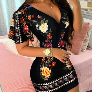 Vintage Floral Print Dress, Casual V Neck Short Sleeve Bag Hip Dress, Women's Clothing Vintage Floral Print Dress, Casual V Neck Short Sleeve Bag Hip Dress, Women's Clothing
