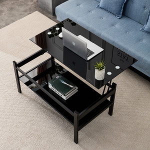 Glass Lift Top Coffee Table, Modern Simple 2-Layer Tempered Glass Coffee Table for Living Room, Black Glass Lift Top Coffee Table, Modern Simple 2-Layer Tempered Glass Coffee Table for Living Room, Black