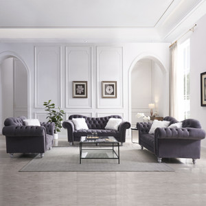 3 Piece Living Room Sofa Set, including 3-Seater Sofa, Loveseat and Sofa Chair, with Button and Copper Nail on Arms and Back, Five White Villose Pillow, Grey. 3 Piece Living Room Sofa Set, including 3-Seater Sofa, Loveseat and Sofa Chair, with Button and Copper Nail on Arms and Back, Five White Villose Pillow, Grey.