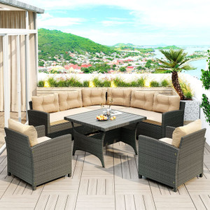 6-Piece Outdoor Wicker Sofa Set, Patio Rattan Dinning Set, Sectional Sofa with Thick Cushions and Pillows, Plywood Table Top, For Garden, Yard, Deck 6-Piece Outdoor Wicker Sofa Set, Patio Rattan Dinning Set, Sectional Sofa with Thick Cushions and Pillows, Plywood Table Top, For Garden, Yard, Deck
