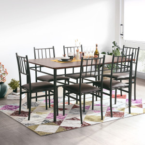 7 Piece Dining Table Set Wood Metal with 6 Chairs for Kitchen Breakfast 7 Piece Dining Table Set Wood Metal with 6 Chairs for Kitchen Breakfast