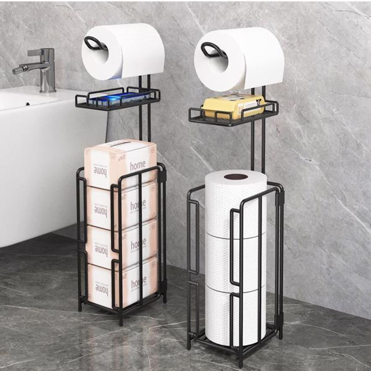 2 Pack Free Standing Toilet Paper Holder Stand, Toilet Tissue Paper Roll Storage Holder with Shelf and Reserve for Bathroom Storage Holds Wipe, Mobile Phone, Mega Rolls, Black