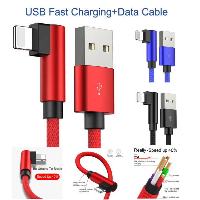 90 Degree USB Cable For IPhone 14 13 12 11 X 8 7 7plus 6 6S 5 Fast Charging Cable For IPad USB Charger Cable L Type Data Cable