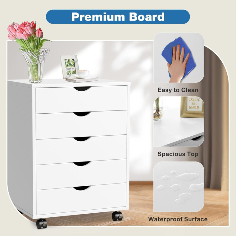 OLIXIS 5-Drawer Wide Chest Wood File Cabinet Rolling Organizer Storage Dresser with Wheels, for Craft Office Home, White