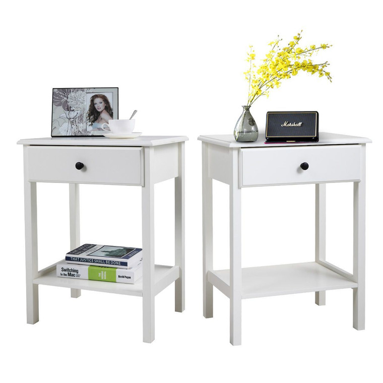 Wood Nightstand Set of 2, Modern Bedside Table with Drawer and Shelf, 3-Tier Sofa Side Table End Table, Living Room Bedroom Furniture, White