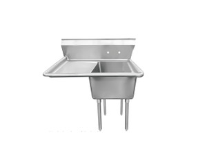 SS304 with galvanized legs Dimensions: 45.2"x29.8"x44.5" Sink bowl: 18"x24" Depth: 14" Drainboard size: 24"