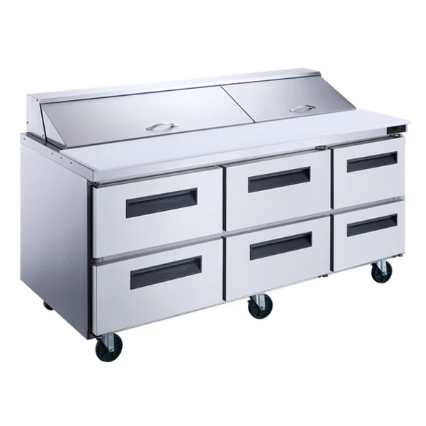 72" 6-Drawer Commercial Food Prep Table Refrigerator in Stainless Steel with Mega Top