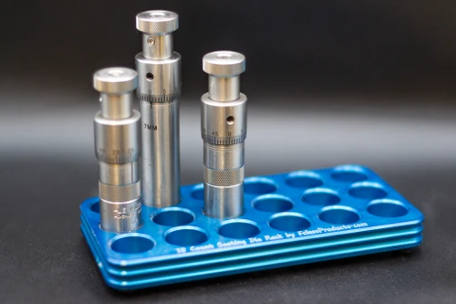The FClassProducts 18 Count Seating Die Rack, a fully billet American-made click adjust seating die.