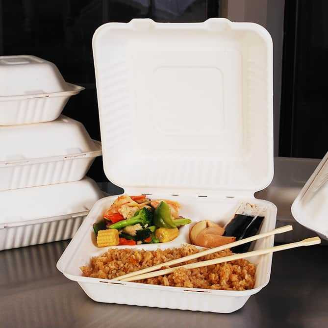 Bagasse 9'' - 3 Compartment Clamshell [91013] a pack of 200)