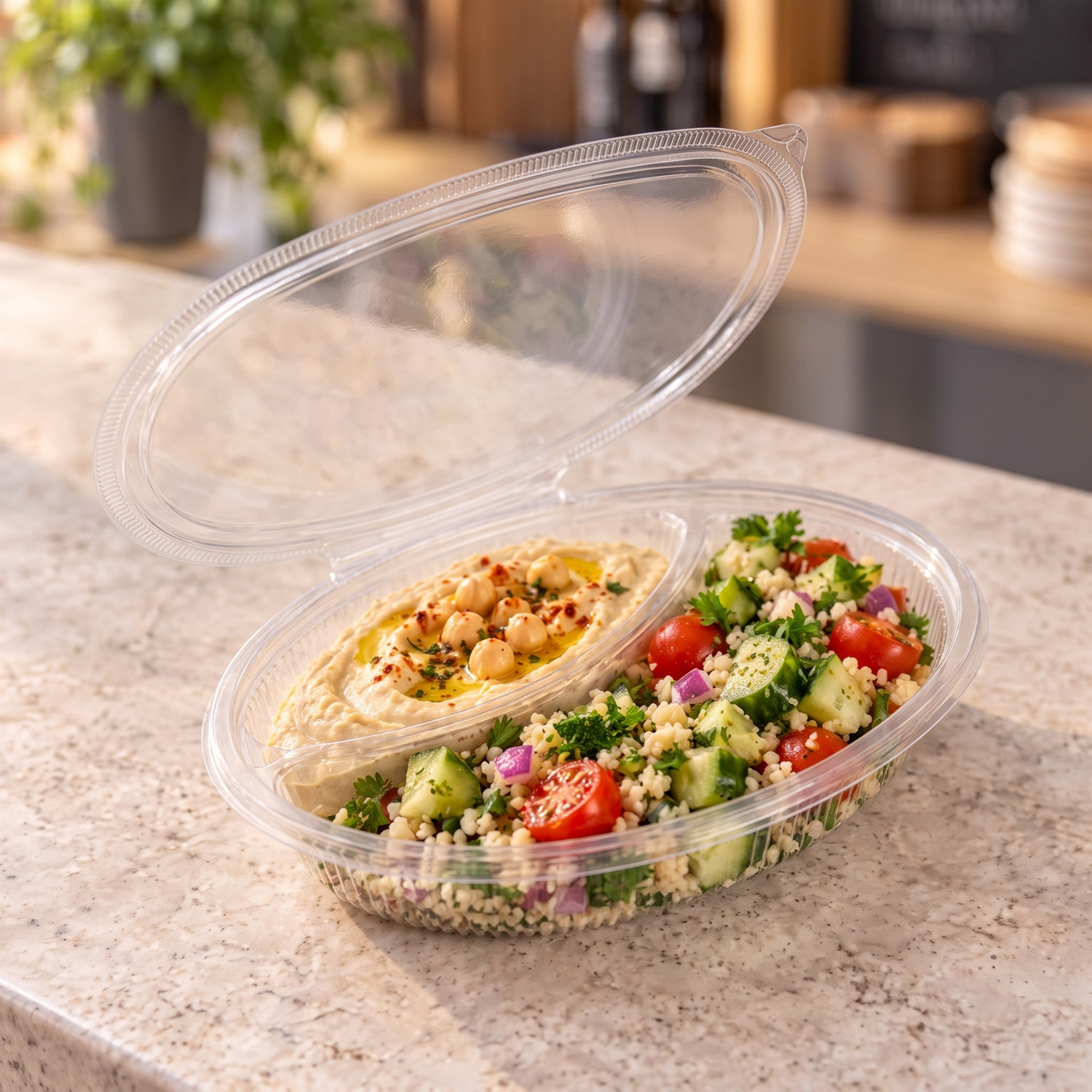 Somoplast Oval 575cc Clear Hinged lids 2 Compartment Container 972 - Pack of 300