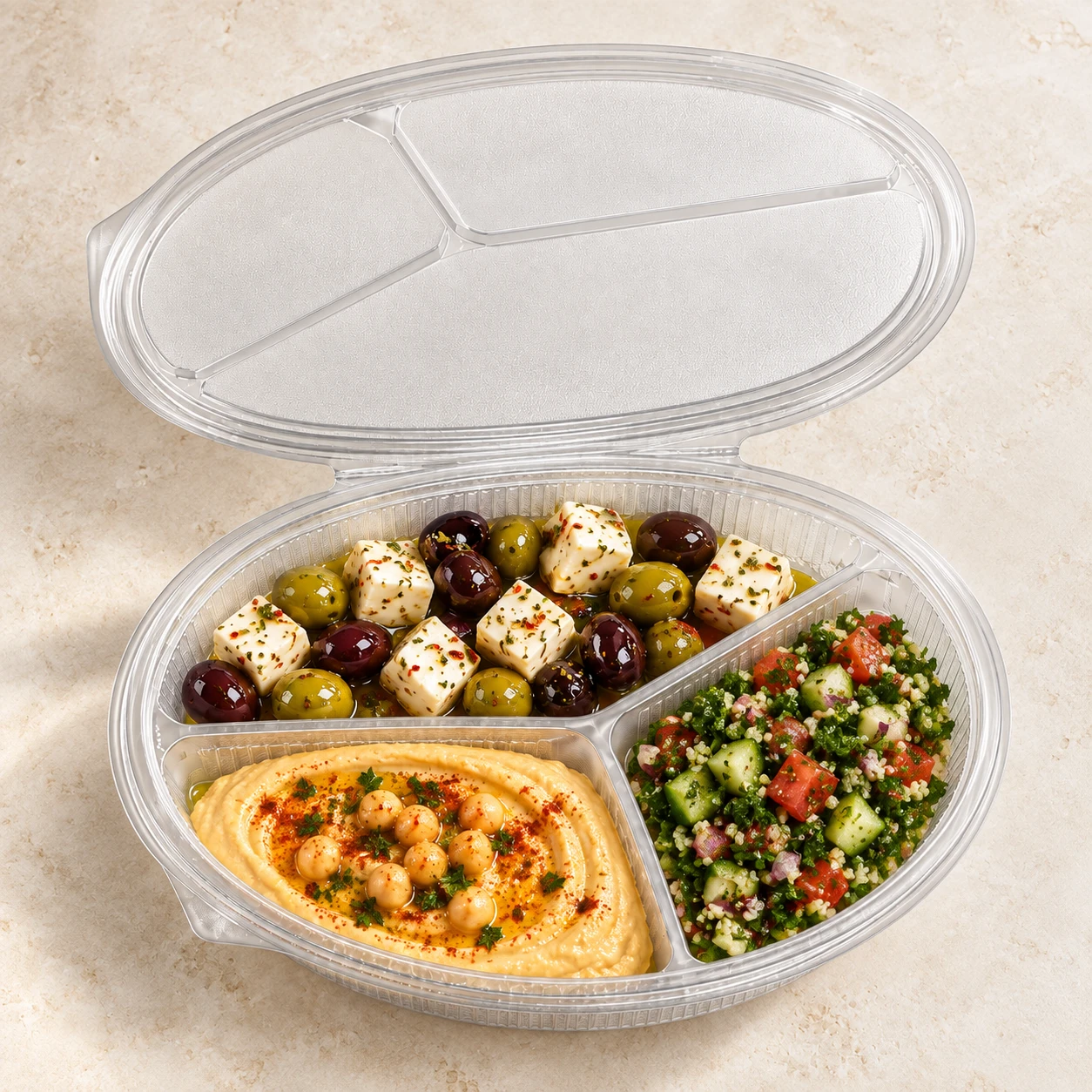 3 Compartment 550cc Oval Clear Hinged Container Somo 973 - Pack of 300
