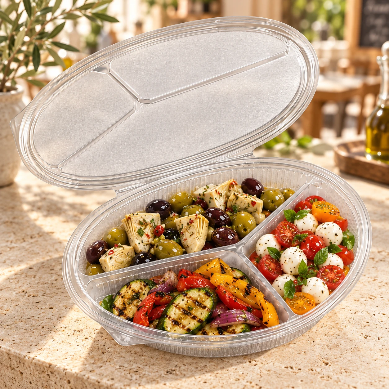 3 Compartment 550cc Oval Clear Hinged Container Somo 973 - Pack of 300