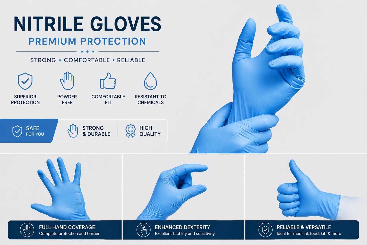 Extra Large Blue Nitrile Gloves, Powder-Free & Latex-Free (1000)