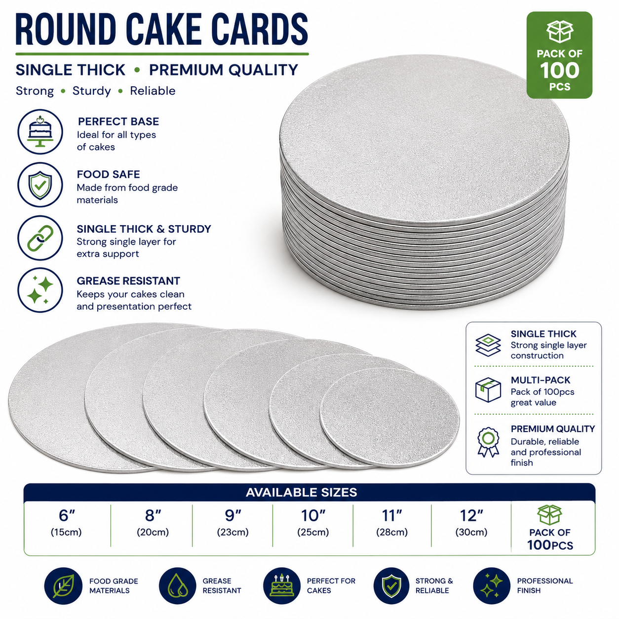 Economy Cake Card Silver Round 8 inch - pack of 100