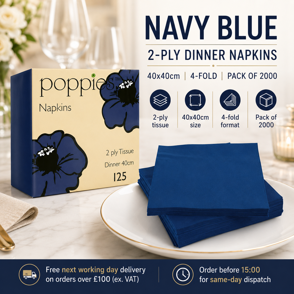 Poppies Navy Blue 2-Ply 4-Fold Napkins 40x40cm - Pack of 2000
