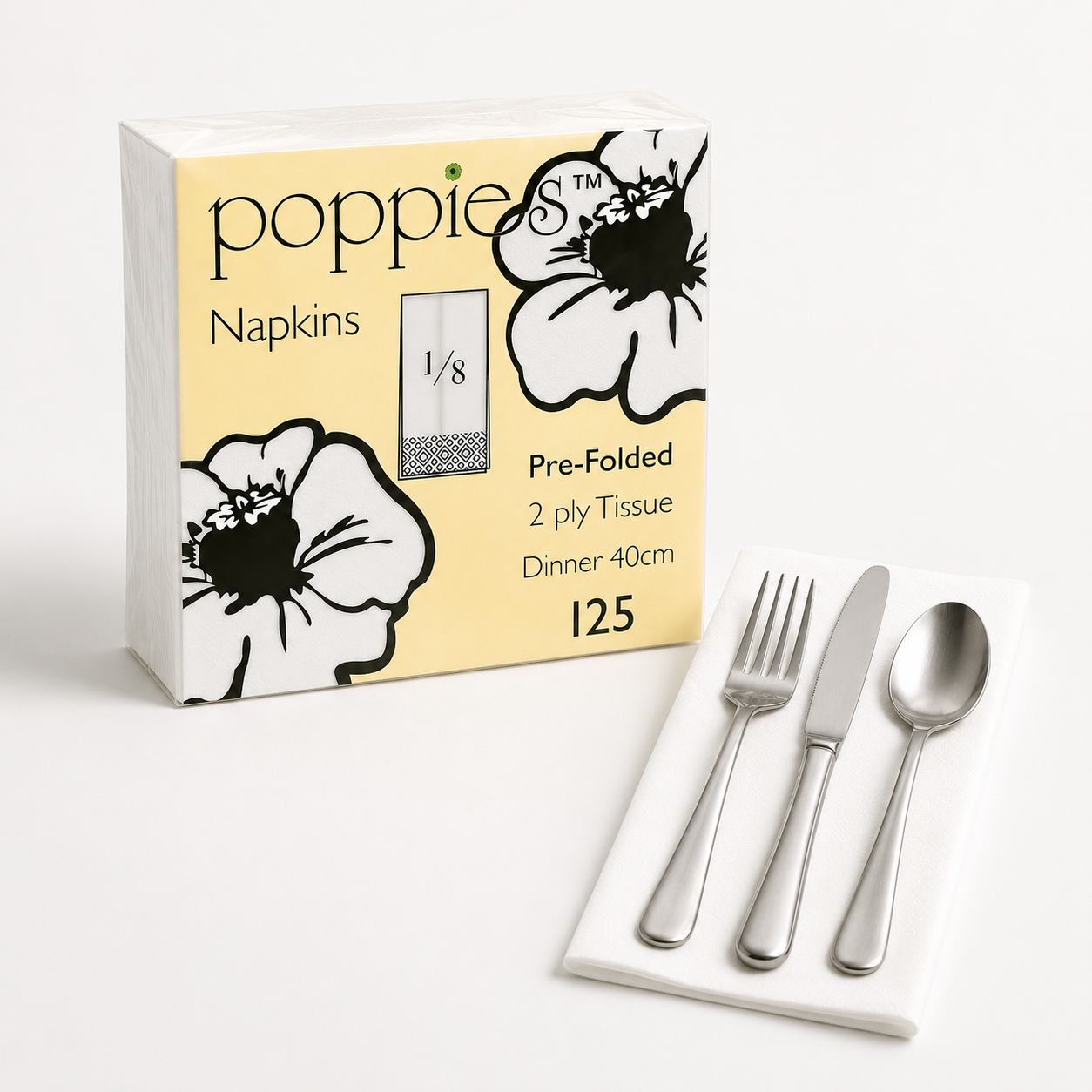 Poppies White 2-Ply 8-Fold Napkins 33x33cm - Pack of 2000